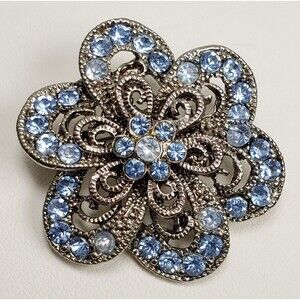 Vtg 1960's Silver Tone Flower  Blue Rhinestone Mill Grain Swirls 1.5” Pin Brooch
